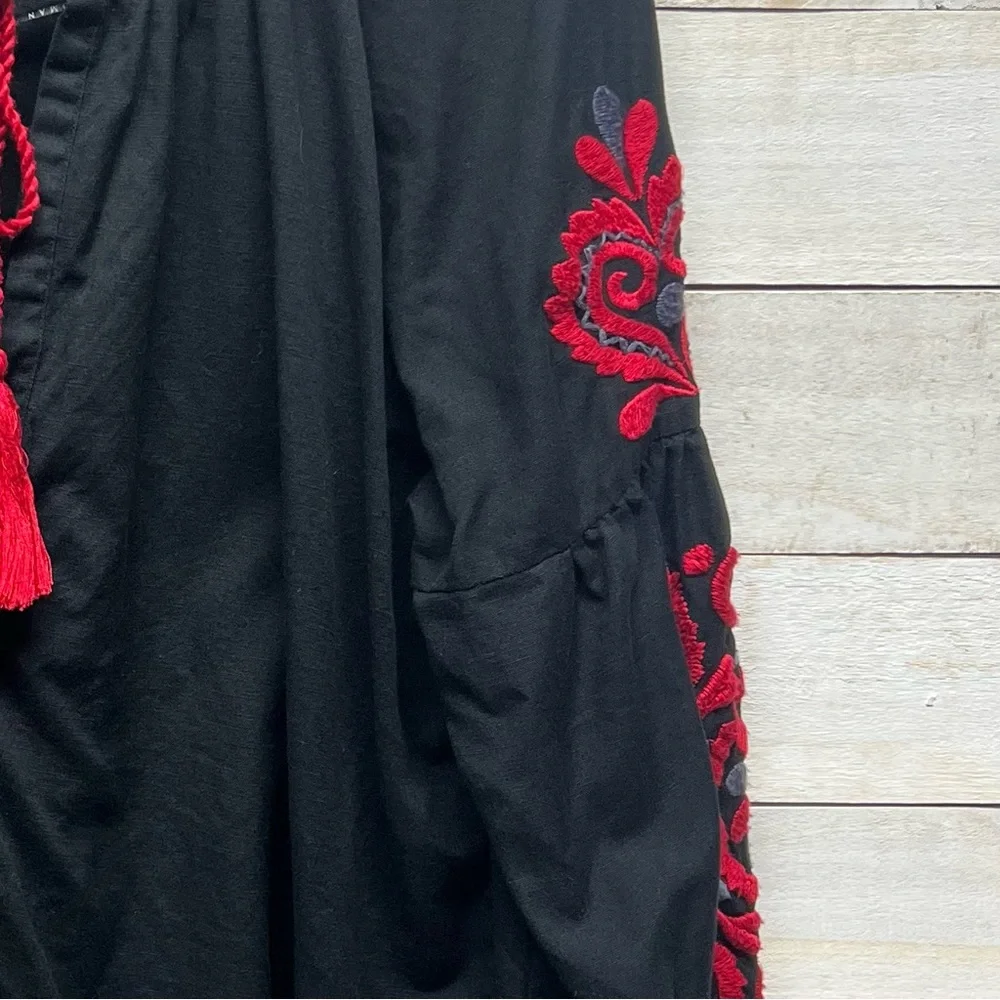 Zara Womens Embroidered Tassel Top Red Black Long Sleeve Floral Size Medium - Picture 6 of 13